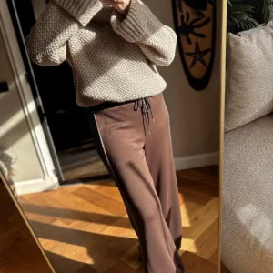 Wide leg broek met gouden strepen - donkerbruin