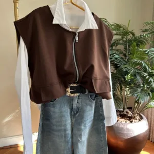 Mouwloos vestje met rits - donkerbruin