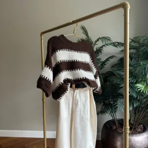 Trui half korte mouw gestreept - chocoladebruin/crème